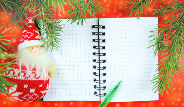 istock Christmas decorations with  toy santa christmas natural fir   and  notepad copy space for notes for shopping list or New Year wishes 1286964170
