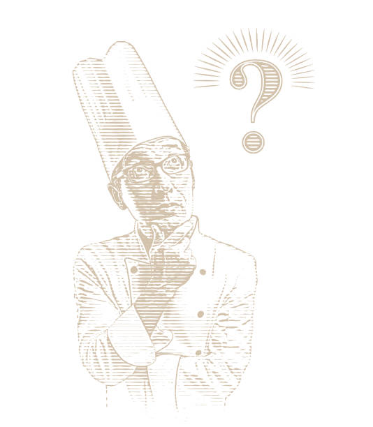 illustrazioni stock, clip art, cartoni animati e icone di tendenza di chef maschio di fronte a un futuro incerto - senior adult retirement question mark worried