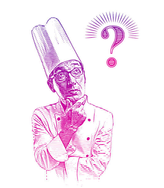 illustrazioni stock, clip art, cartoni animati e icone di tendenza di chef maschio di fronte a un futuro incerto - senior adult retirement question mark worried