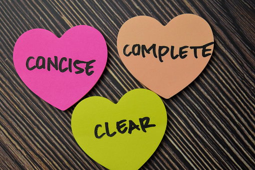 Concise Complete Clear write on sticky notes isolated on office desk.