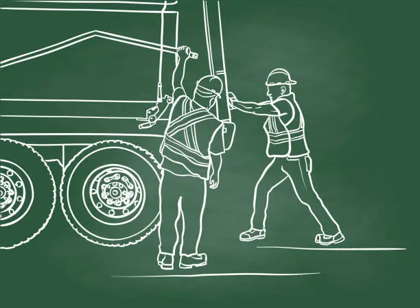 Vector illustration of Garbage Truck Workers No Automation Chalkboard