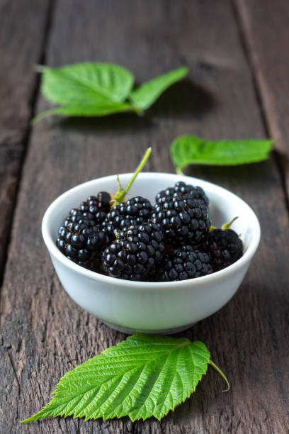 istock Ripe blackberries in a bowl and foliage on a wooden table. 1286980102