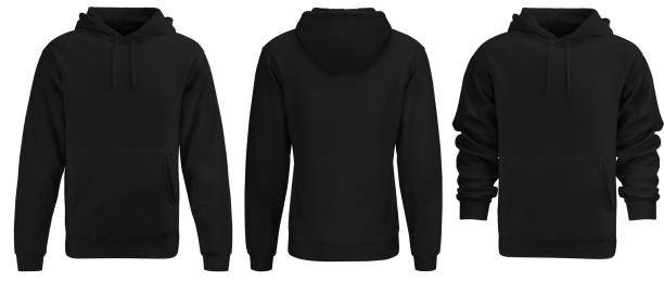 Black hoodie template. Hoodie sweatshirt long sleeve with clipping path, hoody for design mockup for print, isolated on white background. Black hoodie template. Hoodie sweatshirt long sleeve with clipping path, hoody for design mockup for print, isolated on white background. 3 sides. hooded shirt stock pictures, royalty-free photos & images