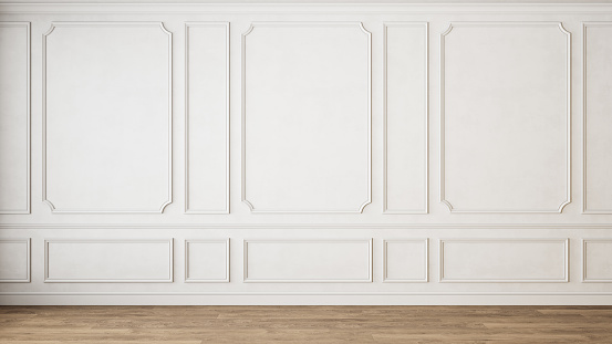 Interior moderno de color blanco clásico vacío con molduras de paneles de pared y suelo de madera. Maqueta de ilustración de renderización 3d. photo