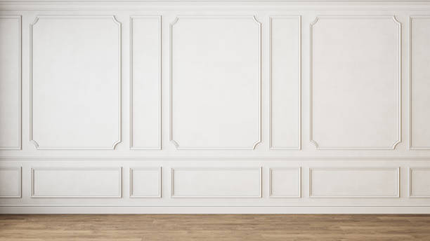 interior moderno de color blanco clásico vacío con molduras de paneles de pared y suelo de madera. maqueta de ilustración de renderización 3d. - molded fotografías e imágenes de stock