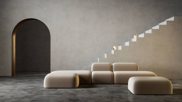 Modern minimalistic interior with sofa, arch and stairs. 3d render illustration mockup.