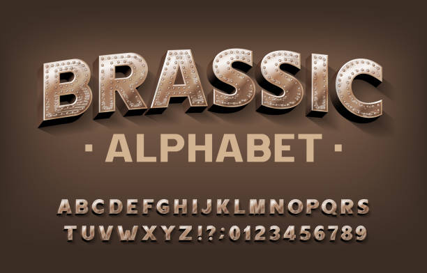 Brassic alphabet font. Steampunk scratched letters and numbers with rivet. Brassic alphabet font. Steampunk scratched letters and numbers with rivet. Stock vector typescript for your design. corroded metal stock illustrations