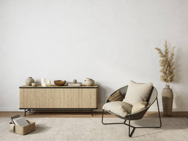 istock White interior with dresser, lounge chair and decor. 3d render illustration background mock up. 1286987773