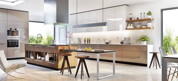 Modern kitchen interior design in a luxury house Modern kitchen in a beautiful home domestic kitchen photos stock pictures, royalty-free photos & images