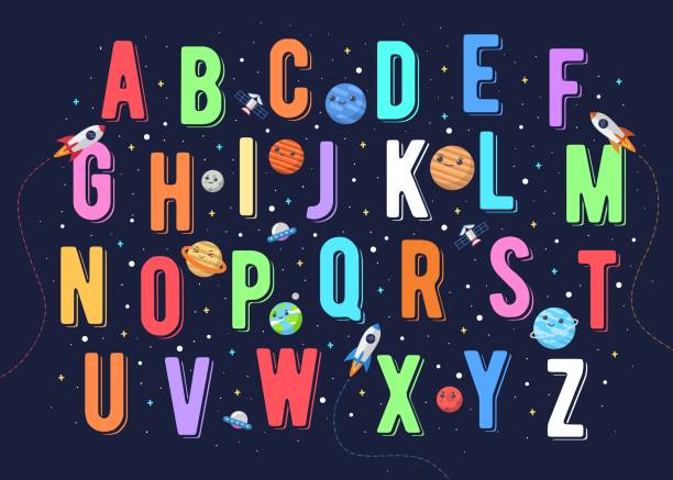 bunte alphabet vektor für kinder. vektor-illustration von alphabet-grafiken für kinder mit weltraum-thema. raum kinder, alphabet für kinder. - magnetbuchstabe stock-grafiken, -clipart, -cartoons und -symbole