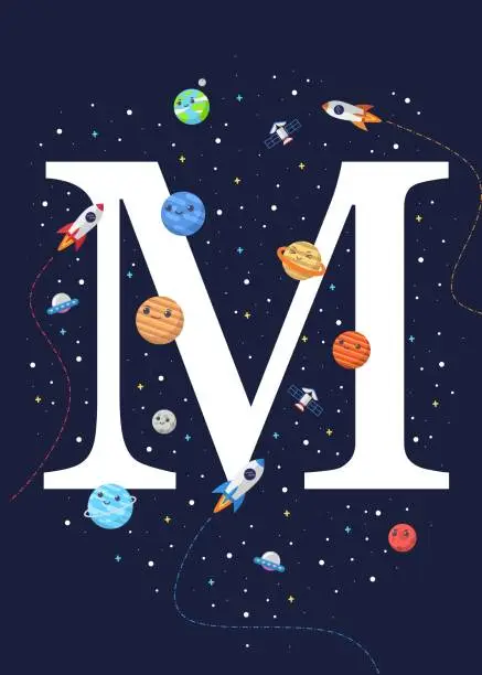 Vector illustration of Letter M with the theme of outer space. vector illustration outer space for kids.