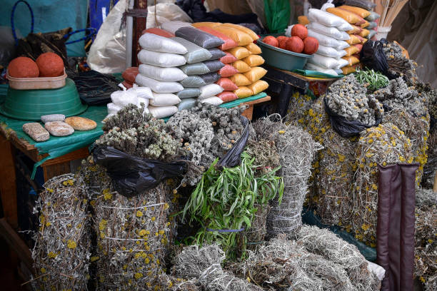 Selling spices and herbs at the local African market, Manzini, Swaziland, Kingdom of Eswatini Swazi