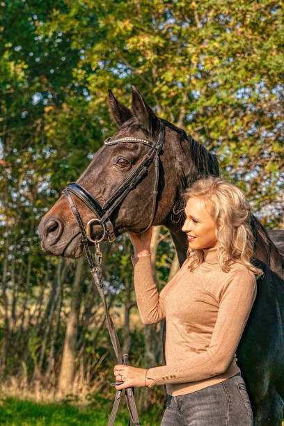 vue latérale, portrait. la femelle dans les vêtements occasionnels reste dans la forêt avec son cheval. au soleil d’automne - bride women standing beauty in nature photos et images de collection