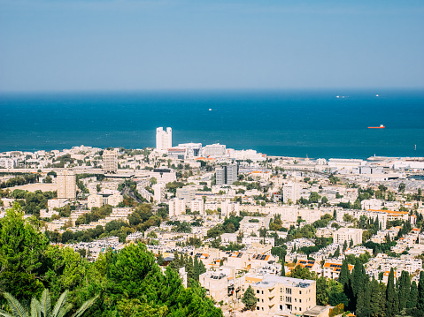 Beautiful panoramic view from Mount Carmel to cityscape and port in Haifa, Israel. High quality photo