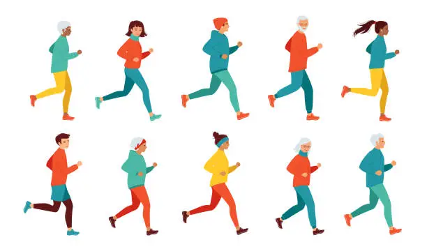 Vector illustration of Collection of running women and men of different ages and nationalities. Healthy lifestyle, active retired seniors. Morning, evening jogging, city marathon, competitions. Vector illustration