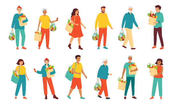 ilustrações de stock, clip art, desenhos animados e ícones de collection men and women different ages and nationalities holding natural products. people with a grocery bag. healthy fresh food, fruits and vegetables. zero waste, vegetarianism. vector illustration - man eating healthy