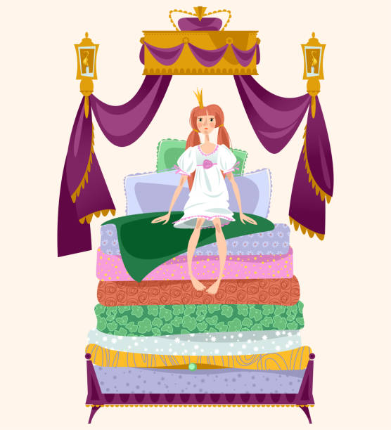 ilustrações, clipart, desenhos animados e ícones de a princesa e a ervilha. uma garota está sentada em uma pilha de colchões debaixo do dossel real. - mattress bed cushion isolated