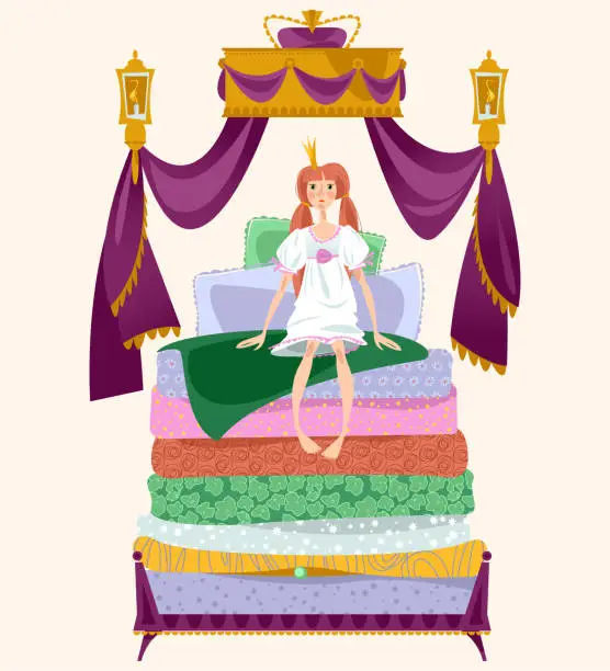 Vector illustration of The Princess and the pea. A girl is sitting on a pile of mattresses under Royal canopy.