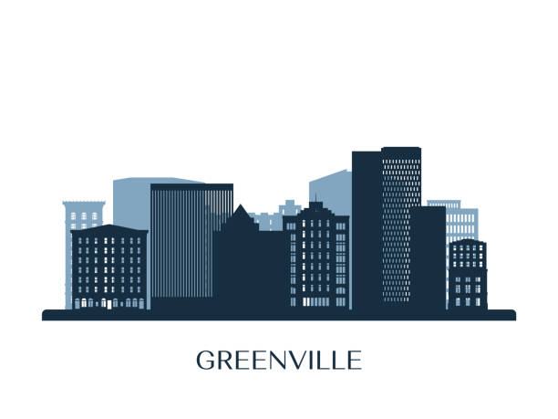 그린빌 스카이라인, 모노크롬 실루엣. 벡터 그림입니다. - greenville south carolina south carolina office building skyscraper stock illustrations