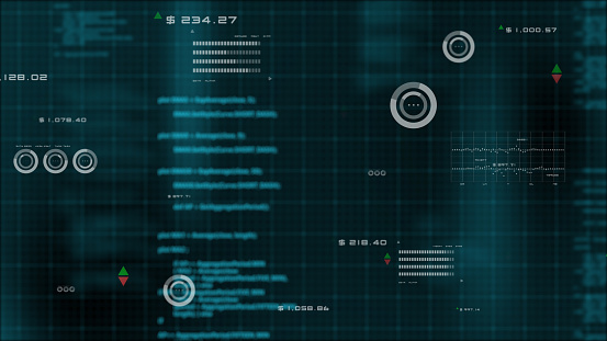 Futuristic 3D stock exchange finance graph chart computer screen AI cloud computing technology HUD interface, business financial investment symbol artificial intelligence big data analysis.