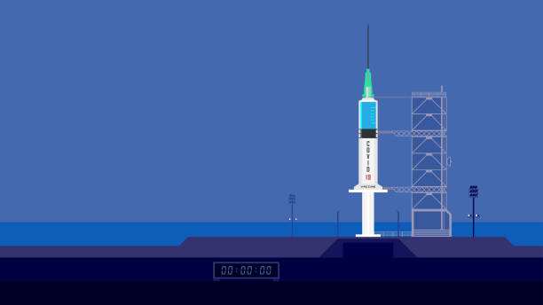 Plastic medical injection syringe with liquid drug. Ready to launch. Metaphor of a rocket. Vaccine is ready to launch. Vaccination equipment with needle. Drug injector. Immunization vaccine is ready. Launchpad vector. prep medicine stock illustrations