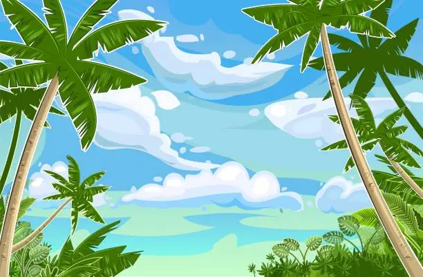 Vector illustration of Jungle tropical landscape. Plants, shrubs and palms. Sky with clouds. Cartoon. Flat, style. Background illustration.