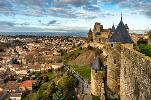 view of Carcassonne walls and city view at sunset, France