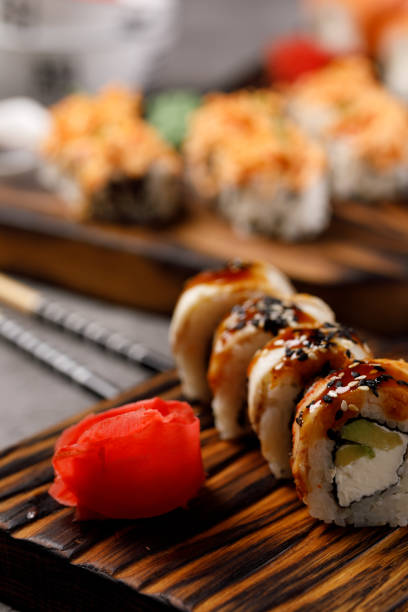 istock Still life with appetizing rolls. Japanese food concept. Close-up. 1287001641