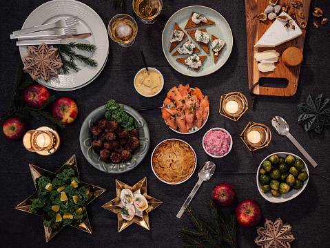 Typical smörgåsbord for christmas a little of everything suitable for smaller gatherings \nPhoto taken from above overhead indoors