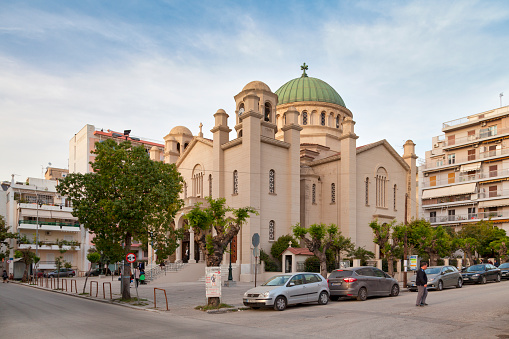 Patras, Greece - April 26 2019: The Holy Church of Agios Dionysios (Greek: Ιερός Ναός Αγίου Διονυσίου) is a Greek orthodox church in the city center.