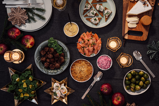 Typical smörgåsbord for christmas a little of everything suitable for smaller gatherings \nPhoto taken from above overhead indoors