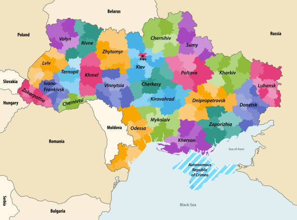 Ukraine regions (oblasts) with administrative divisions (raions) vector map with neighbouring countries and territories Ukraine regions (oblasts) with administrative divisions (raions) vector map with neighbouring countries and territories cherkasy stock illustrations