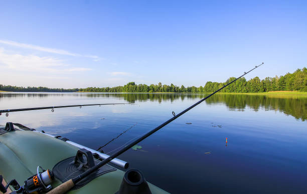 istock Spinning with reel on evening lake background 1287010068