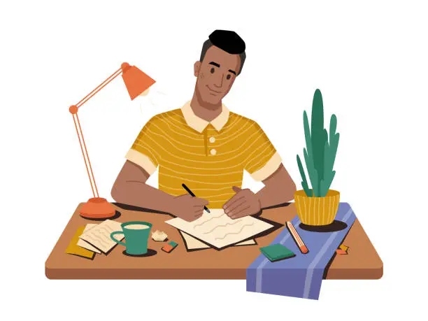 Vector illustration of Journalist at workplace writing article or post sitting on table, cup of tea or coffee, papers and pens, lamp and plant in pot on desktop. Vector man correspondent writing publication in newspaper