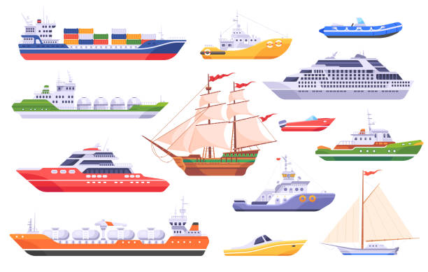 ilustraciones, imágenes clip art, dibujos animados e iconos de stock de conjunto de barcos marítimos. carro de agua - transportation nautical vessel floating on water sea