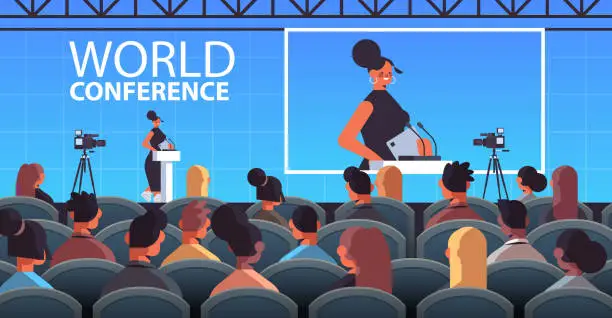 Vector illustration of businesswoman giving speech at tribune with microphone on corporate international world conference