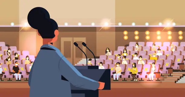 Vector illustration of rear view female doctor giving speech at medical conference with people in masks medicine healthcare