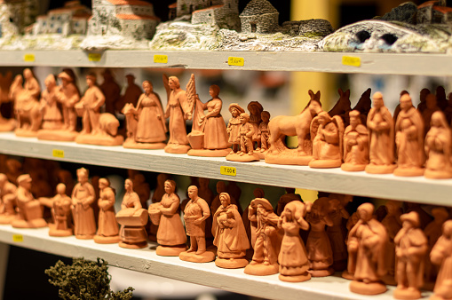 Carcassonne, France - December 08, 2017: traditional figures and christmas decoration from france in the christmas market in carcassonne