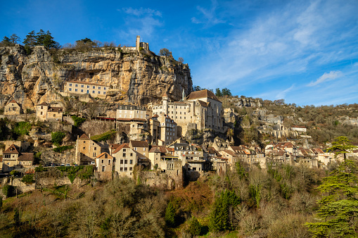 View of Rocamadour at sunset, Lot, France
