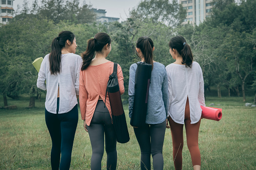 Asian Chinese Young Women Talking After Workout Morning Exercise In ...