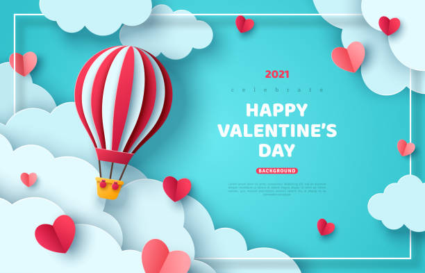 Air balloon in clouds Hot air balloon floating in blue sky and paper cut clouds. Romantic adventure for honeymoon or wedding invitation design. Place for text. Happy Valentines day sale brochure template with cute hearts. journey borders stock illustrations