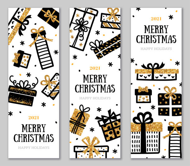 골드 박스가 놓인 배너 - coupon horizontal christmas birthday stock illustrations