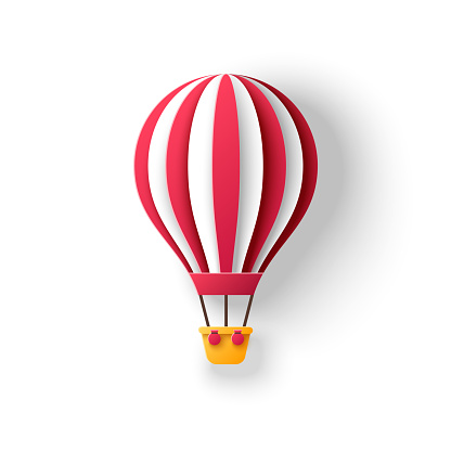 Hot air balloon in paper cut style with red stripes. Travel and explore 3d icon isolated on white background for kids birthday party design. Romantic adventure for honeymoon.