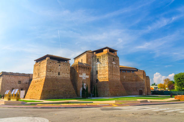 Castel Sismondo brick castle with tower on Piazza Malatesta square in old historical touristic city centre Rimini stock photo