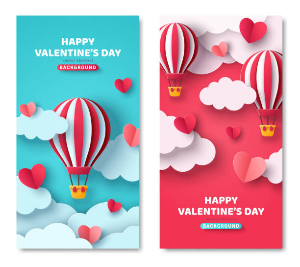 Vertical banners with air balloon Set of vertical banners with hot air balloon, hearts and paper cut clouds. Romantic design for honeymoon trip. Place for text. Happy Valentines day sale voucher template with hearts. hot air balloon stock illustrations