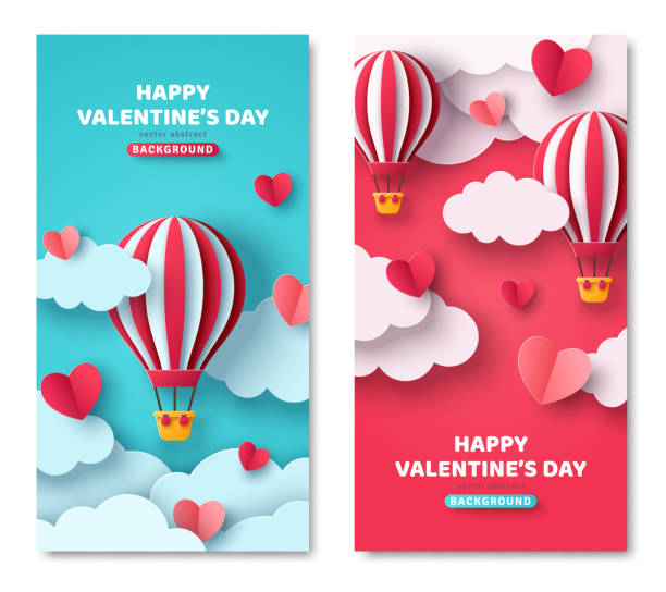 Vertical banners with air balloon Set of vertical banners with hot air balloon, hearts and paper cut clouds. Romantic design for honeymoon trip. Place for text. Happy Valentines day sale voucher template with hearts. valentines day card heart shaped clouds in blue sky stock illustrations