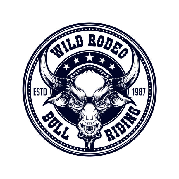 wilde rodeo bull reiten label design. - rodeo bull bull riding cowboy stock-grafiken, -clipart, -cartoons und -symbole