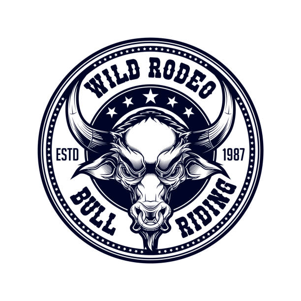 Wild rodeo bull riding label design. Colorful vector illustration in stylish engraving technique of brown bull head with gold ring in his nose. bar drink establishment illustrations stock illustrations