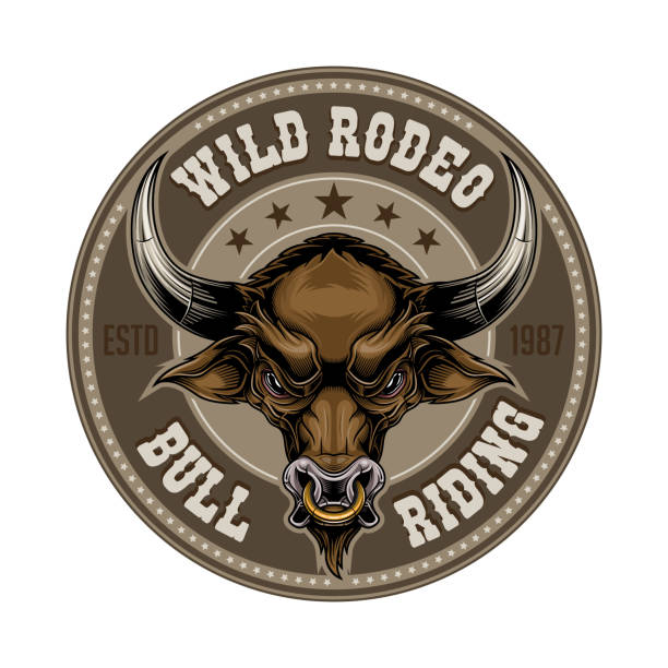 Wild rodeo bull riding label design. Colorful vector illustration in stylish engraving technique of brown bull head with gold ring in his nose. bar drink establishment stock illustrations