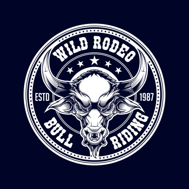 Wild rodeo bull riding label design. Colorful vector illustration in stylish engraving technique of brown bull head with gold ring in his nose. bar drink establishment illustrations stock illustrations
